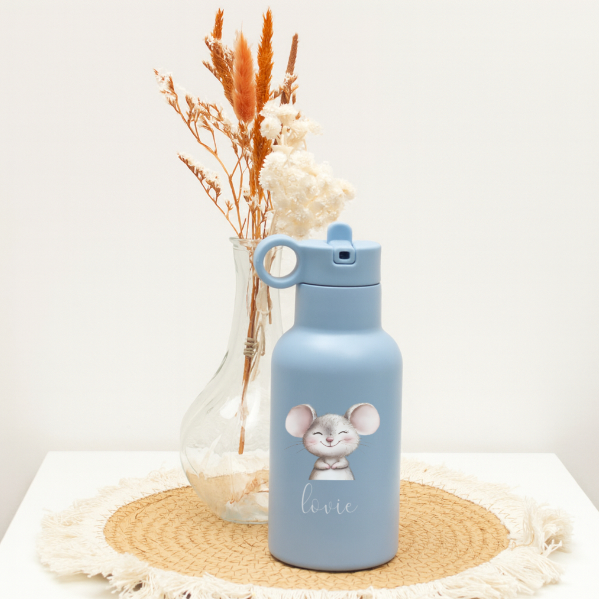 wasserflasche, Trinkflasche, Mausmotiv, Blau, Kinderfreundlich