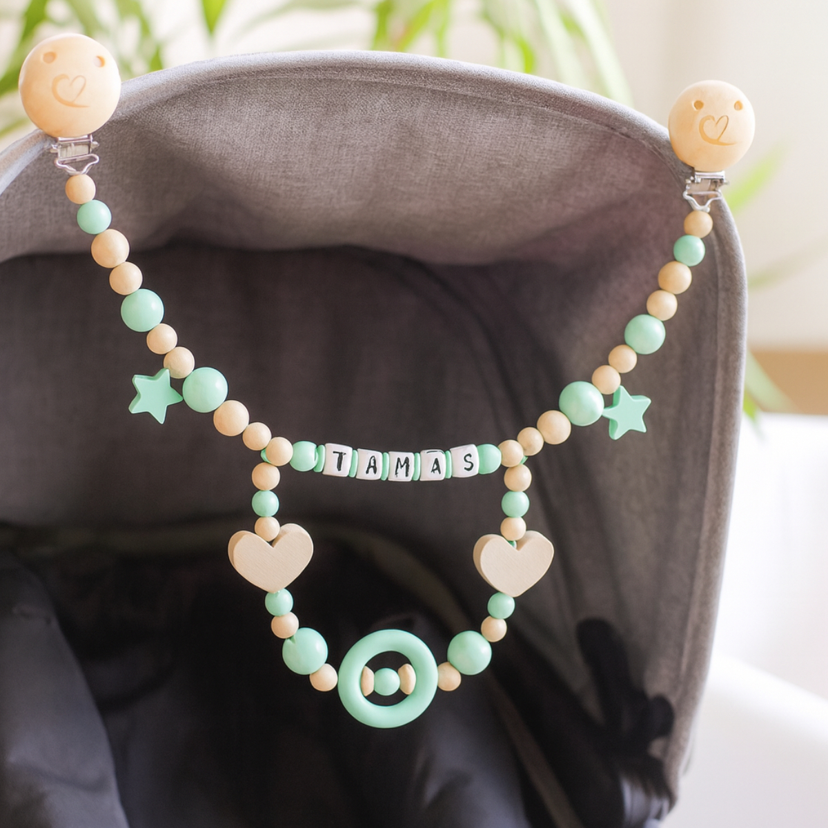 Baby-Halskette, Perlen, Minzgrün, Holz-Accessoires, Herzanhänger