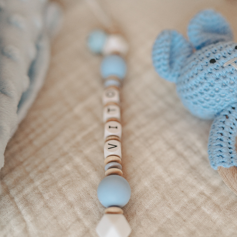baby teether, beads, letters, blue, crochet elephant