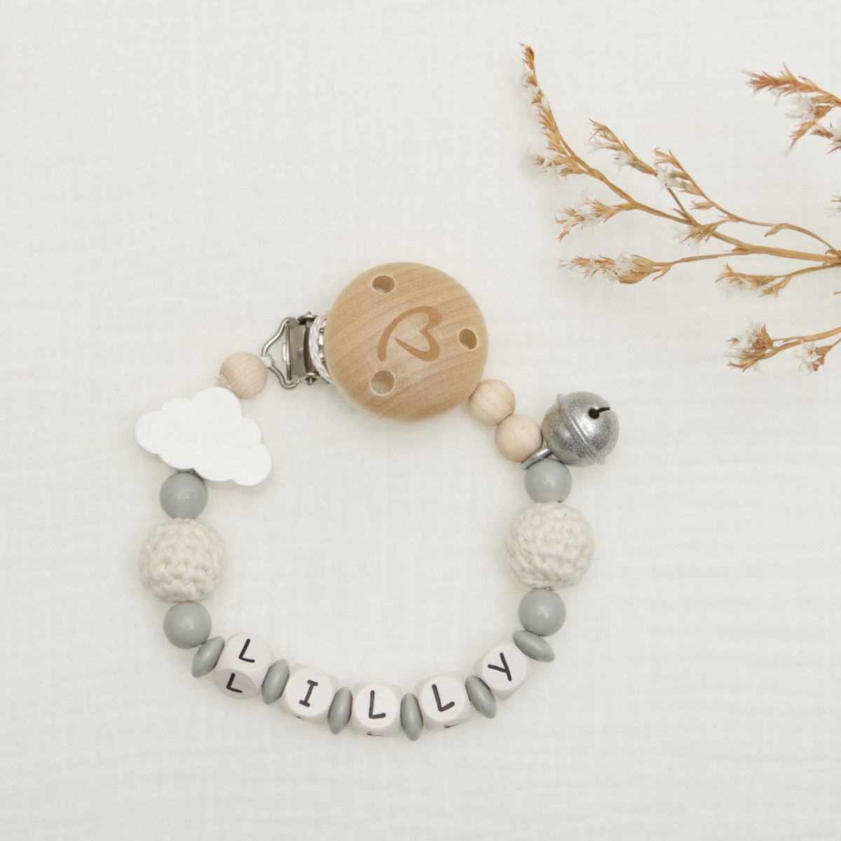 baby bracelet, beaded bracelet, wooden clip, cloud charm, letter beads LILY