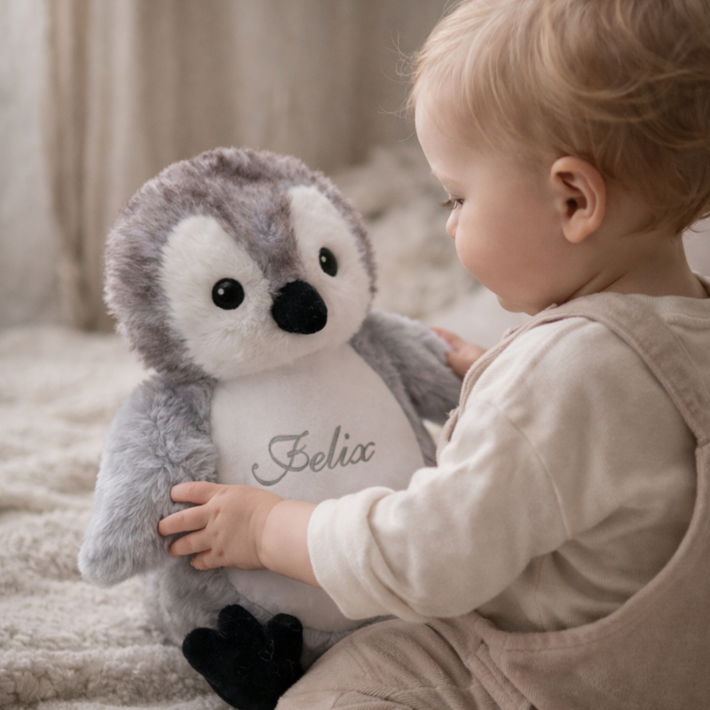Plüschtier, Kuscheltier, Pinguin, Graublau, Personalisierter Aufnäher