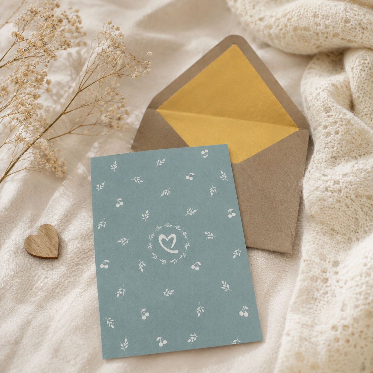 Karte, Briefumschlag, Türkis/Blau Karte, Herz-Design, blanko