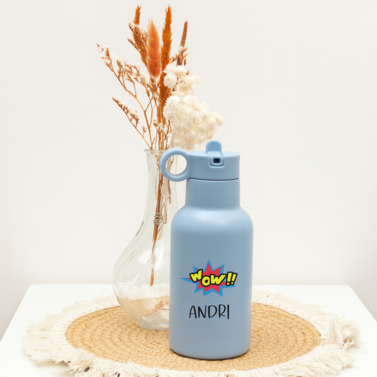 flasche, wasserflasche, lightblue, schnappverschluss, spruch