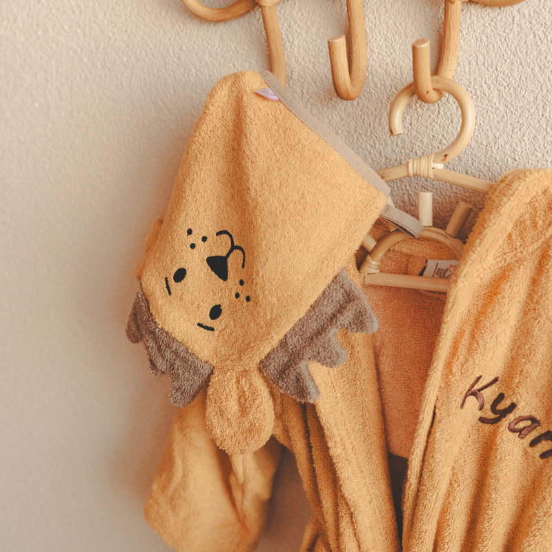 teddy towel, kid bath, animal face, orange towel, hanging towel
