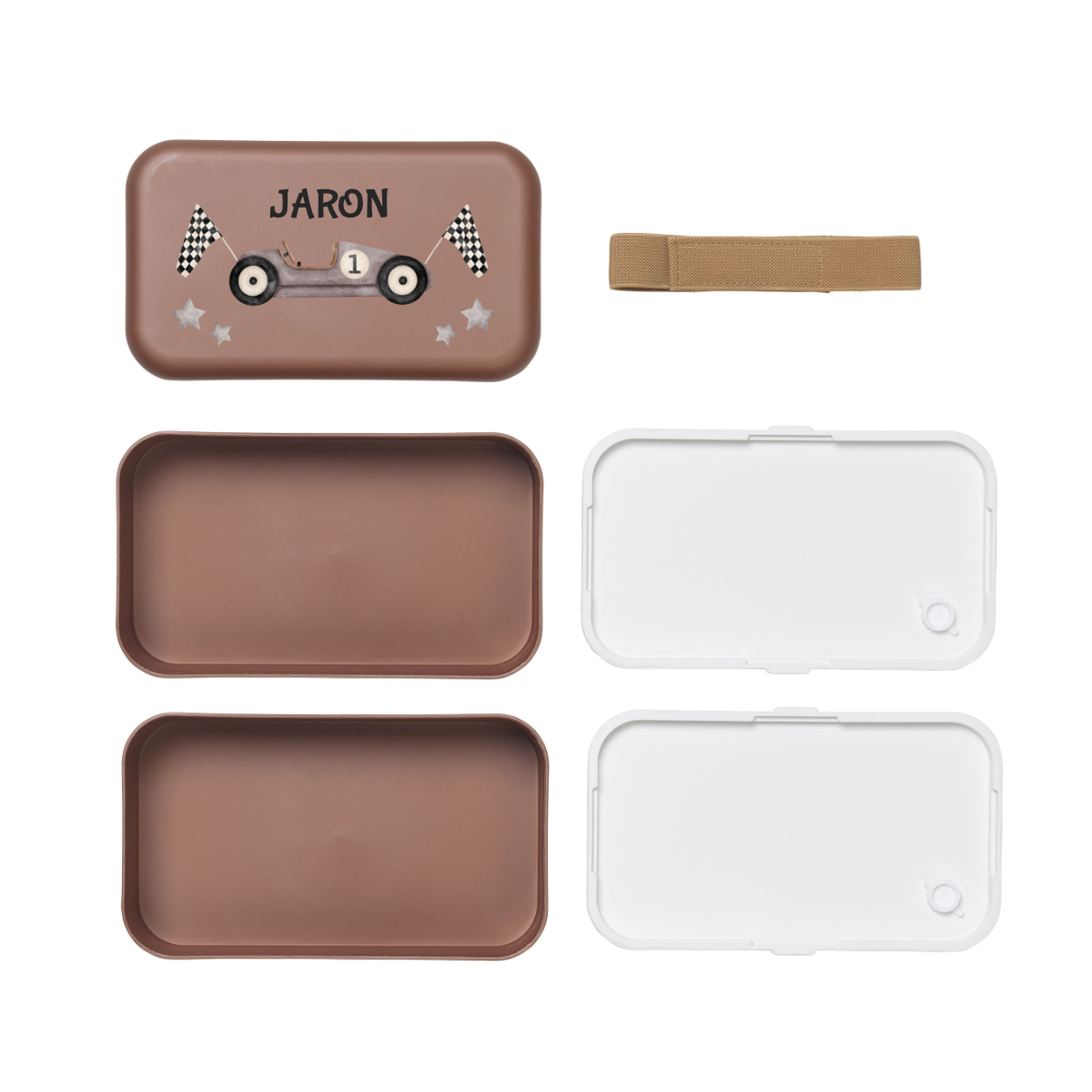Box, Lunchbox, Autofahrt-Motiv, Braun, Gestreifte Fahnen