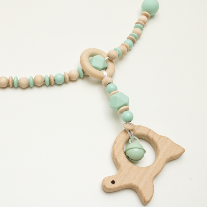 baby necklace, wooden teething, mint green, beads, animal pendant