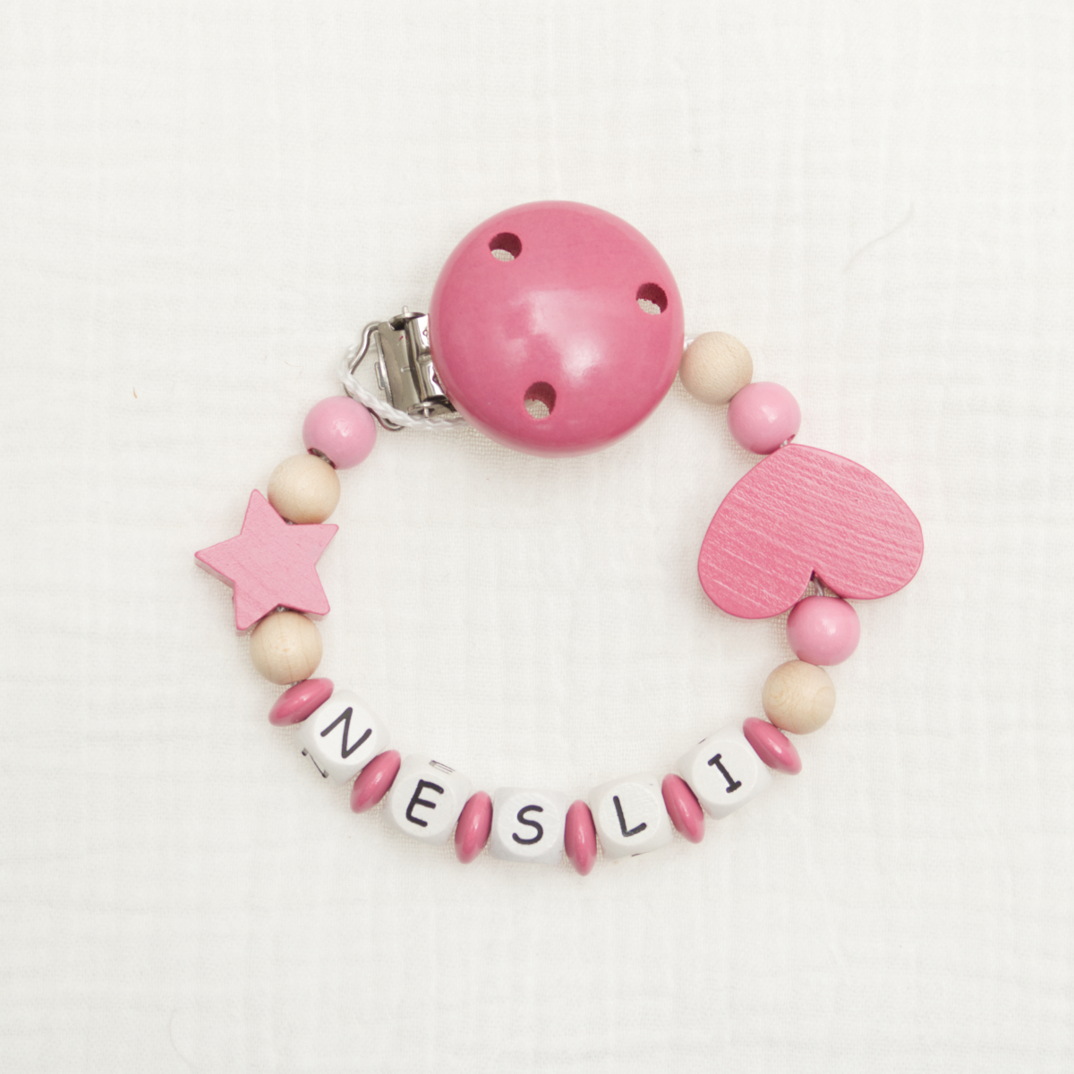 baby bracelet, pink beads, wooden beads, star charm, heart charm