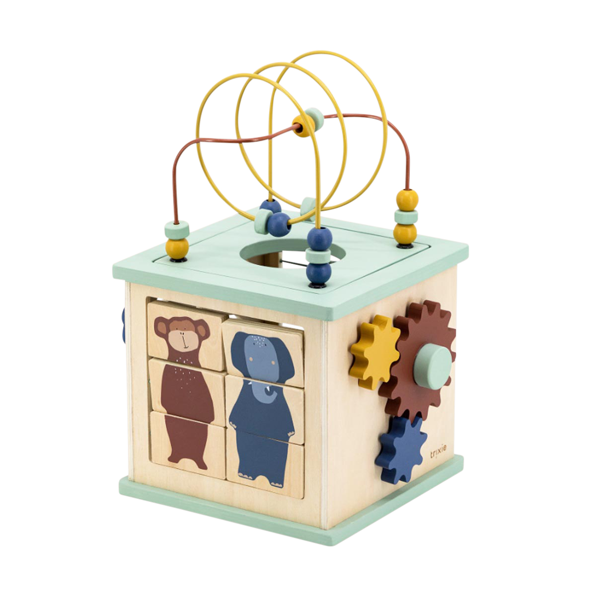 Holzspielzeug, Bead Maze, Holzwürfel, Tiersymbole, Uhrwerk-Mechanik