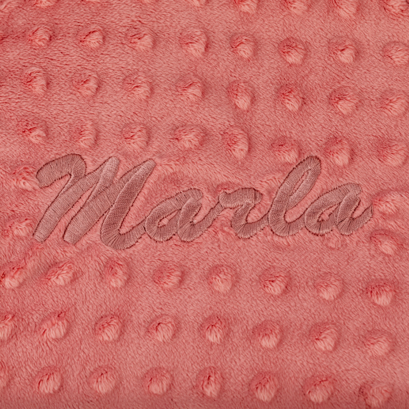 plüsch, Mohair, Stickerei, Koralle, Monogramm