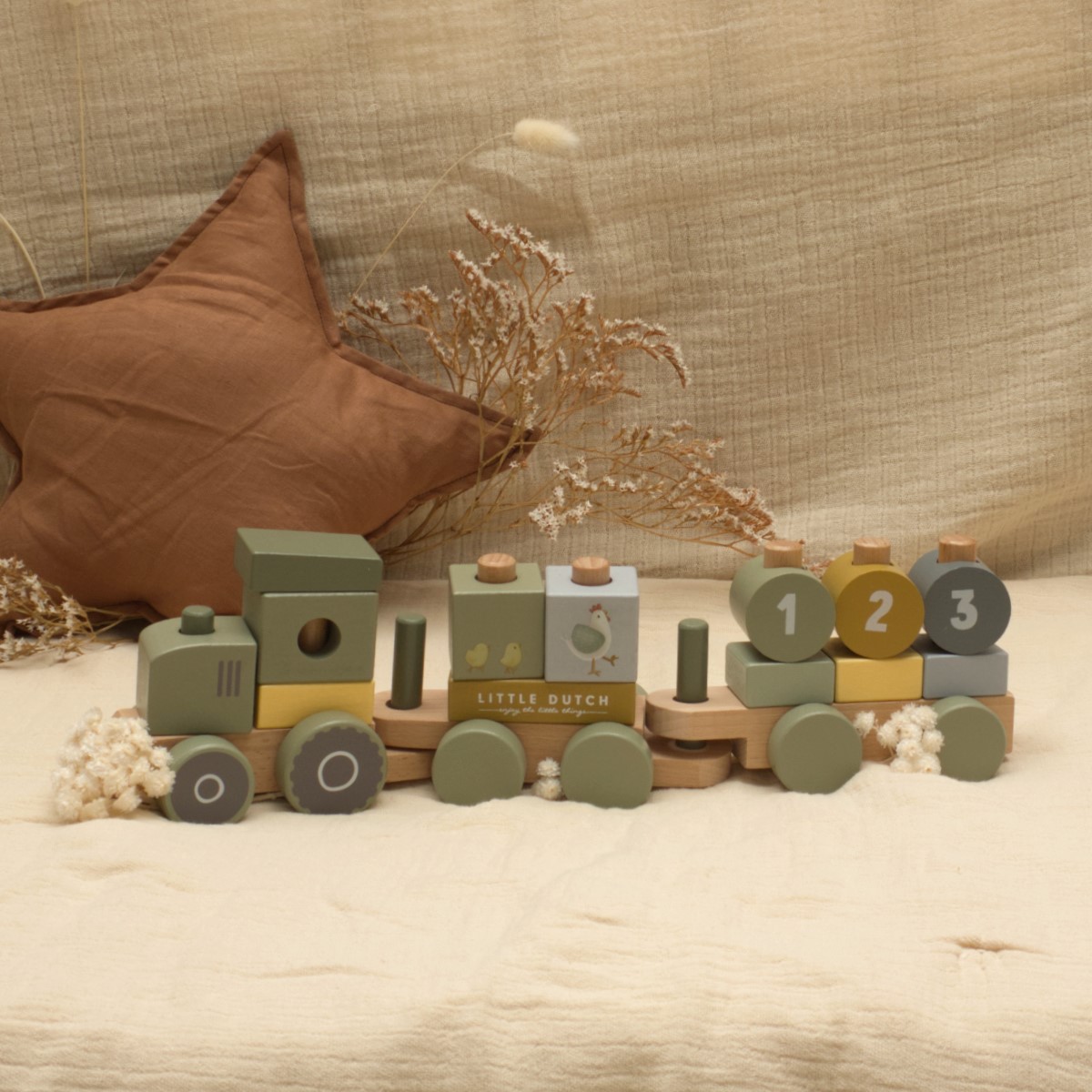Holzspielzeug, Traktor, Wagen, Bausteine, Pastellfarben