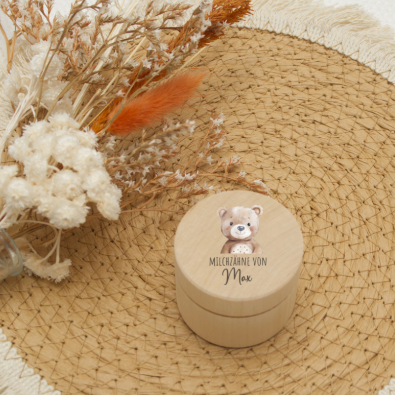 Holzbox, Teddy, Milchzahne, Bärendeckel, Naturholz