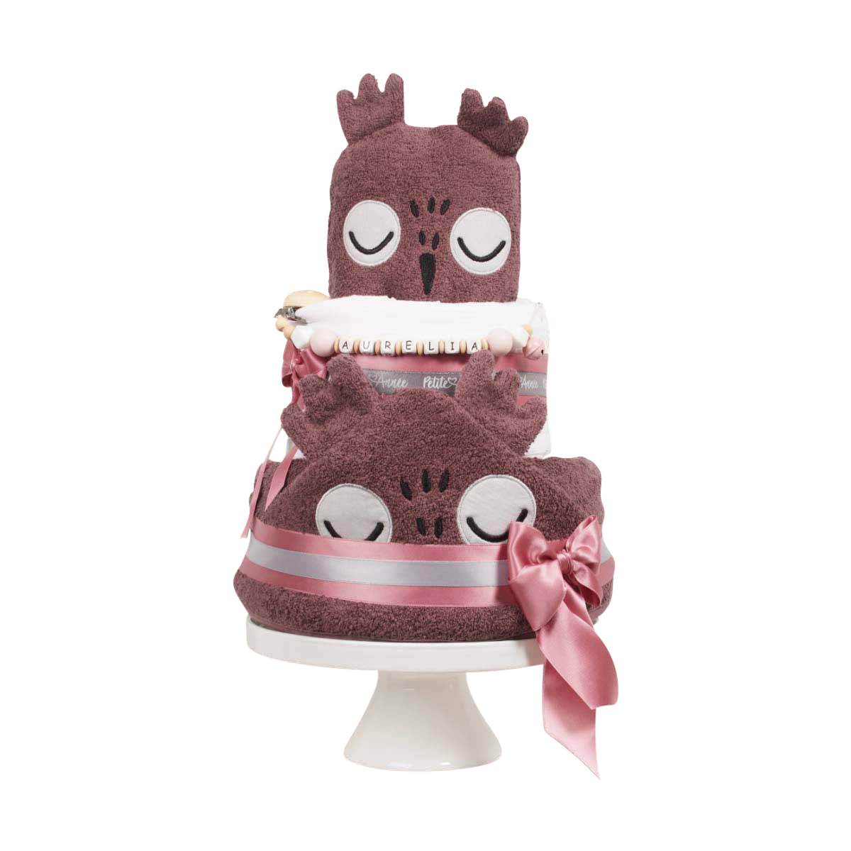 Teddy-Bär Handtuch, Kinder-Handtuch-Torte, Lila Eule, Dreischicht-Handtuch, Rosa Schleife