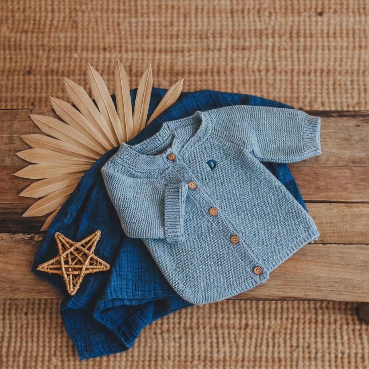 Baby-Cardigan, Gestricktejacke, Blauer Cardigan, Holzknöpfe, Langarm