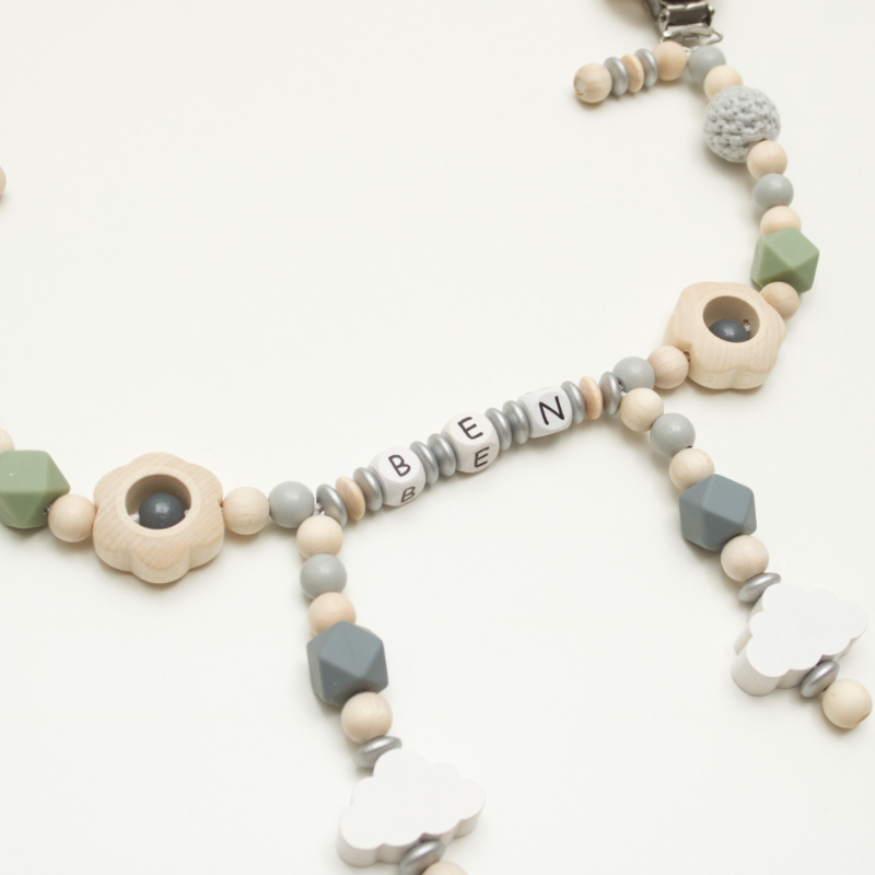 baby, necklace, beads, wood, clouds