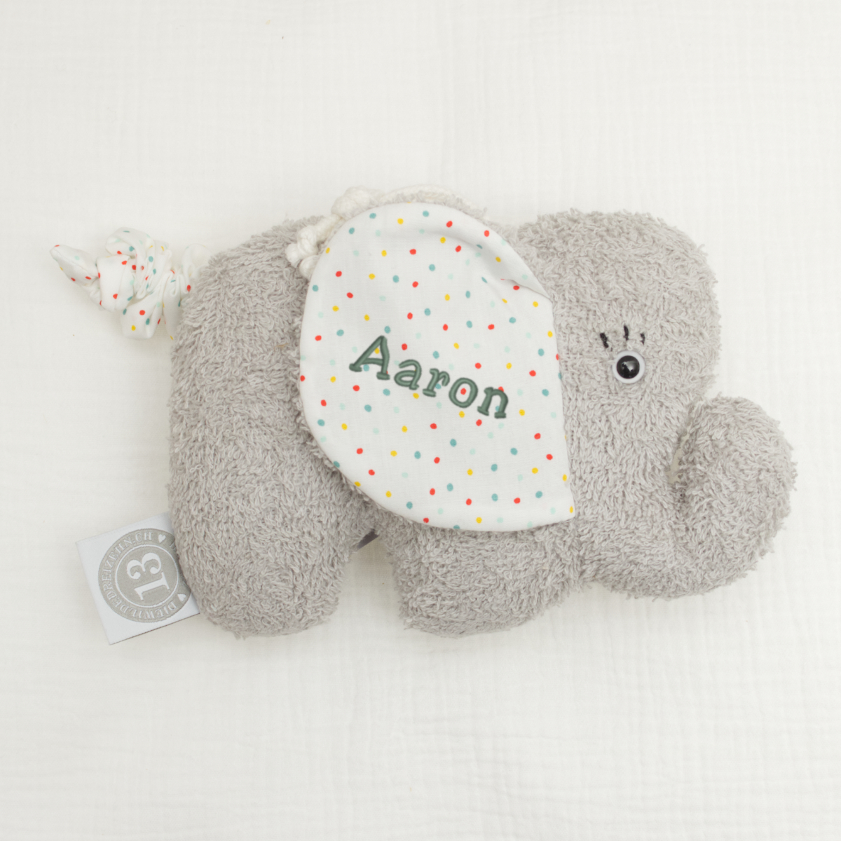 Plüsch, Elefant, Grau, Name Tag, Punktmuster