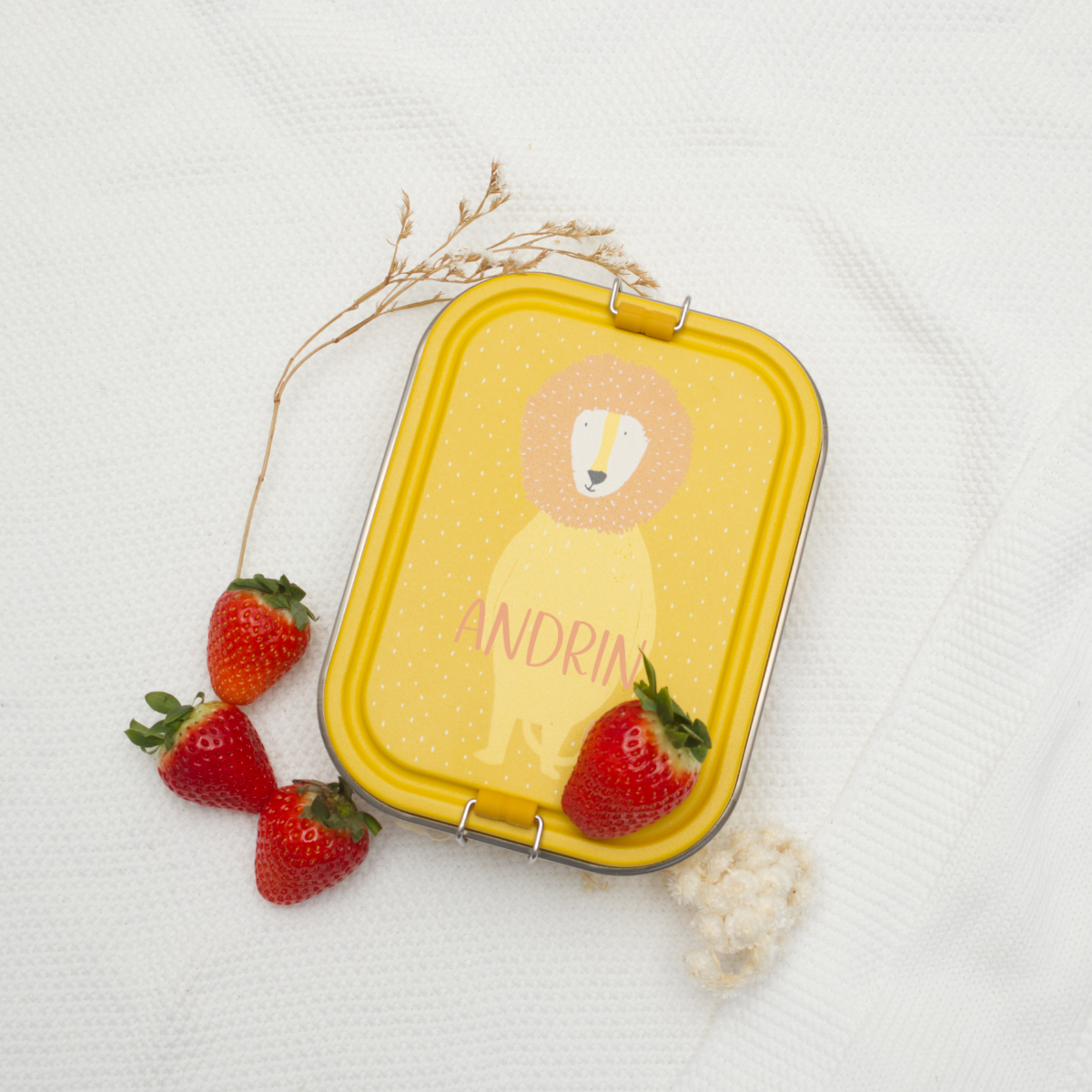 Box, Lunchbox, Gelb, Löwe, Erdbeeren