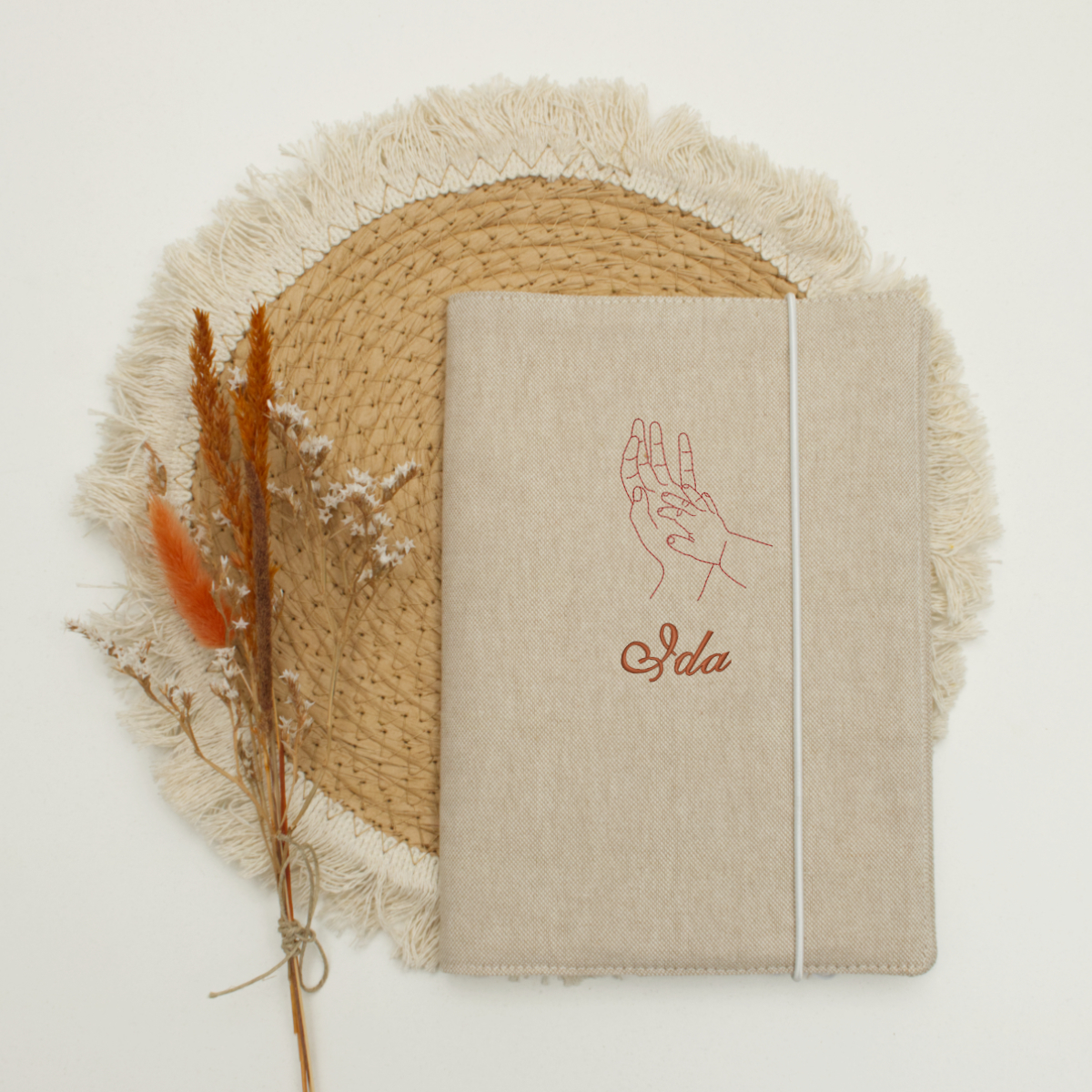notebook, linen, beige, elastic band, hand sketch