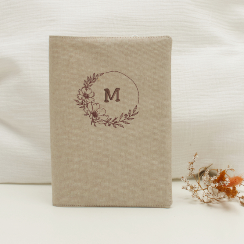 Leinenbeutel, Beige-Beutel, Blumenkranz, Monogramm M, Canvas-Tasche