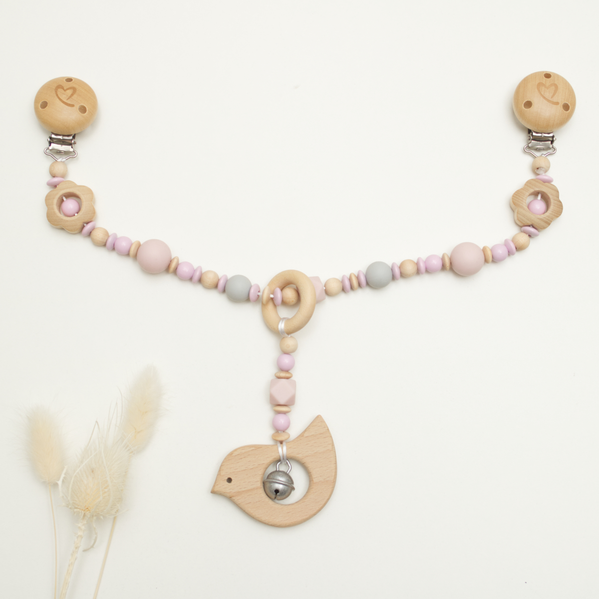 wooden, baby, bead necklace, bird charm, soft pastel