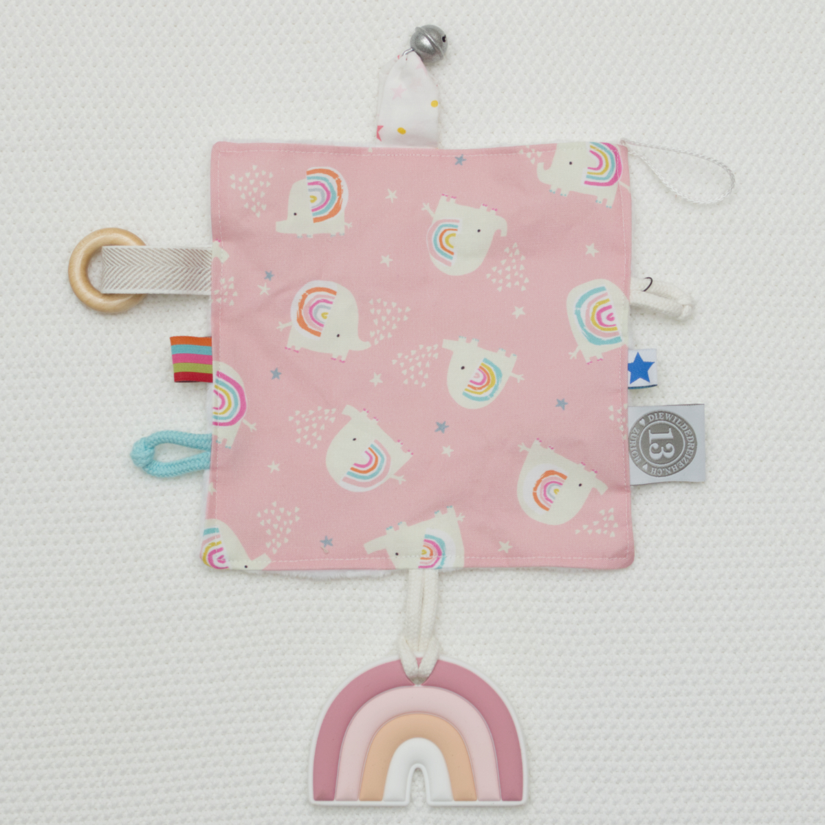 Spielzeugbuch, Kleine Rainbow-Muster, Rosa Hintergrund, Holzring, Beißring/Bracelet Rainbown