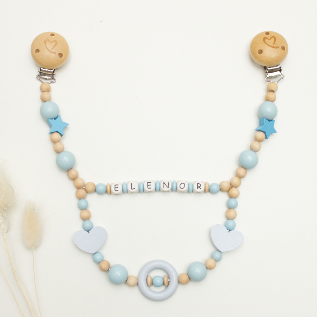 baby, Kettenclip, Holzperlen, blau, Herz