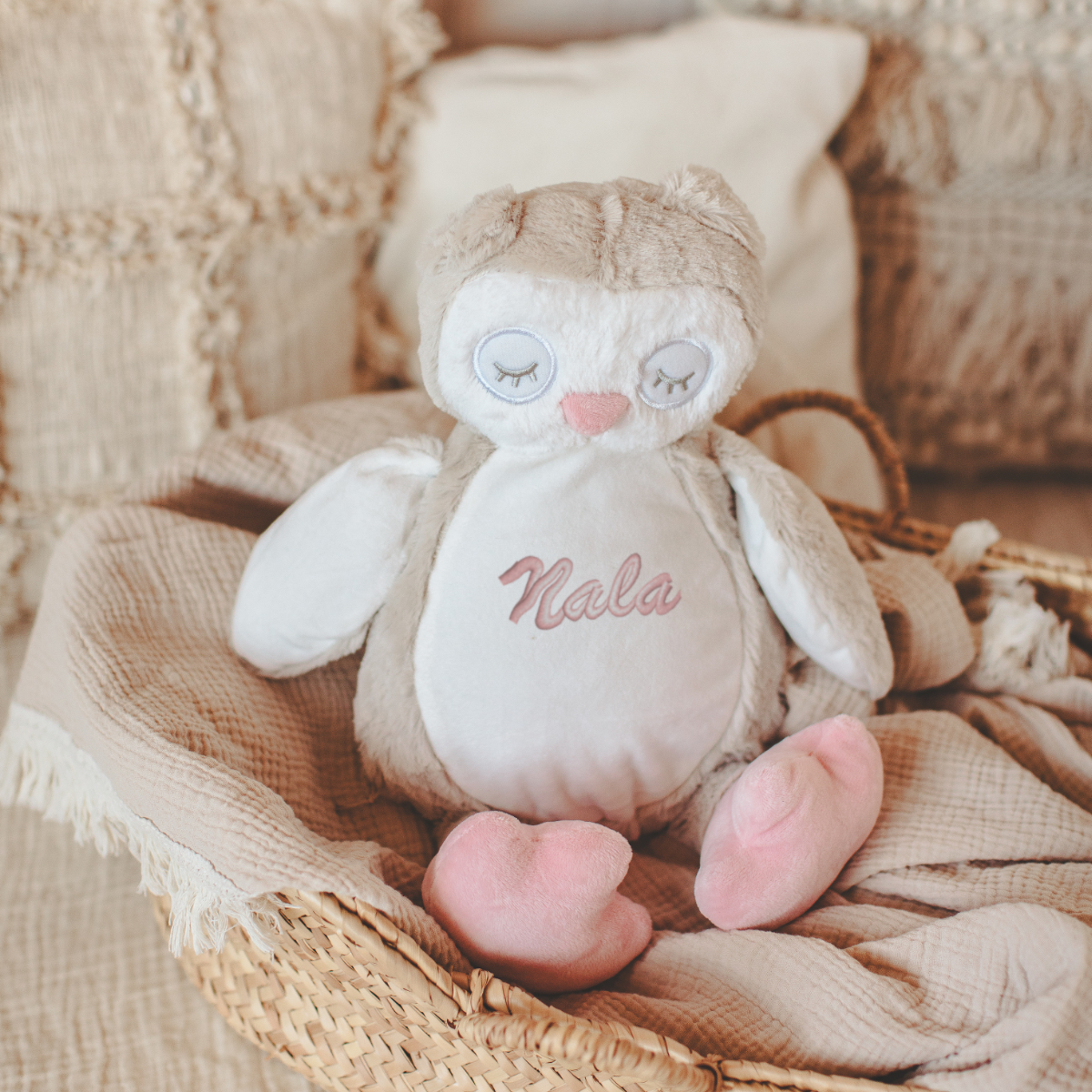 Plüschfigur, Eule, weicher Plüsch, rosa Füße, personalisierte