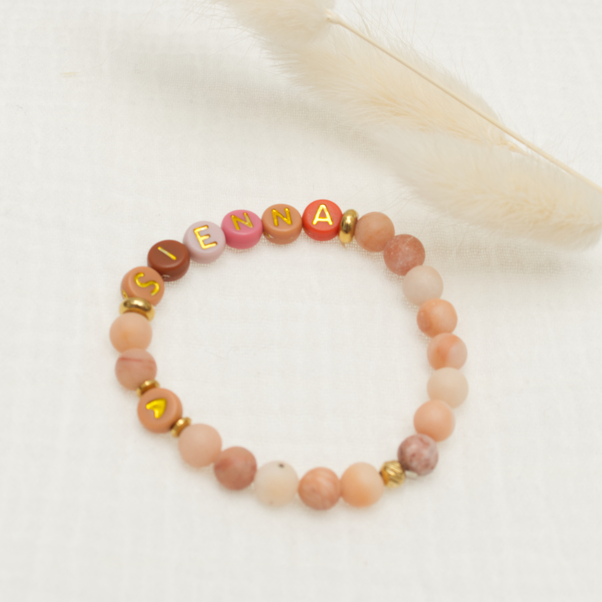 Armband, Perlen, Rosenquarz, Namensarmband, Bohnenkette