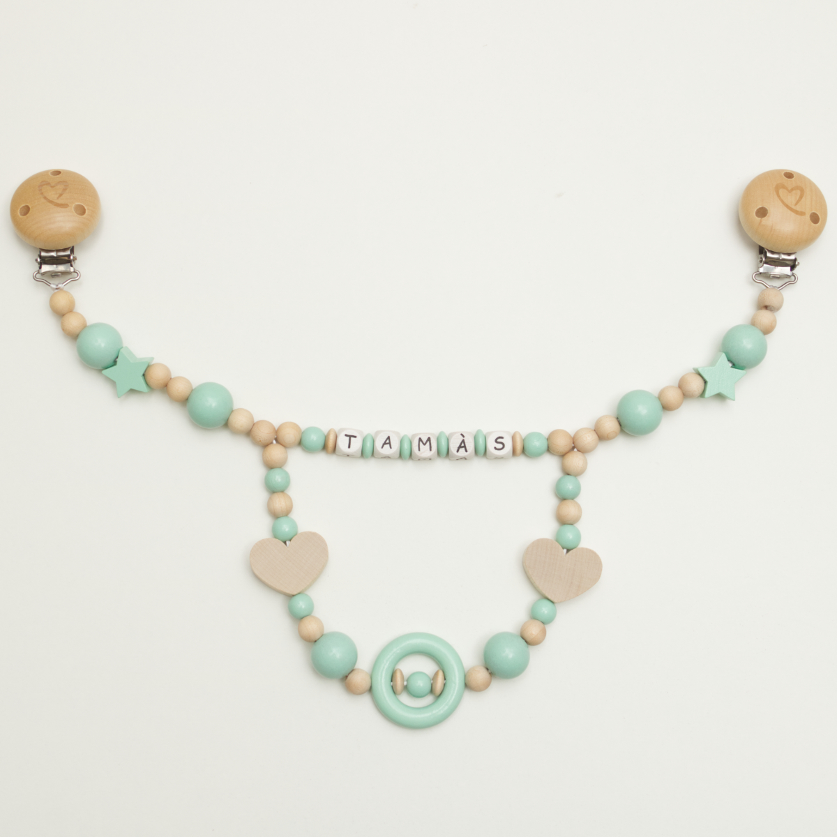 baby necklace, beads, wooden, mint grün, herzanhänger