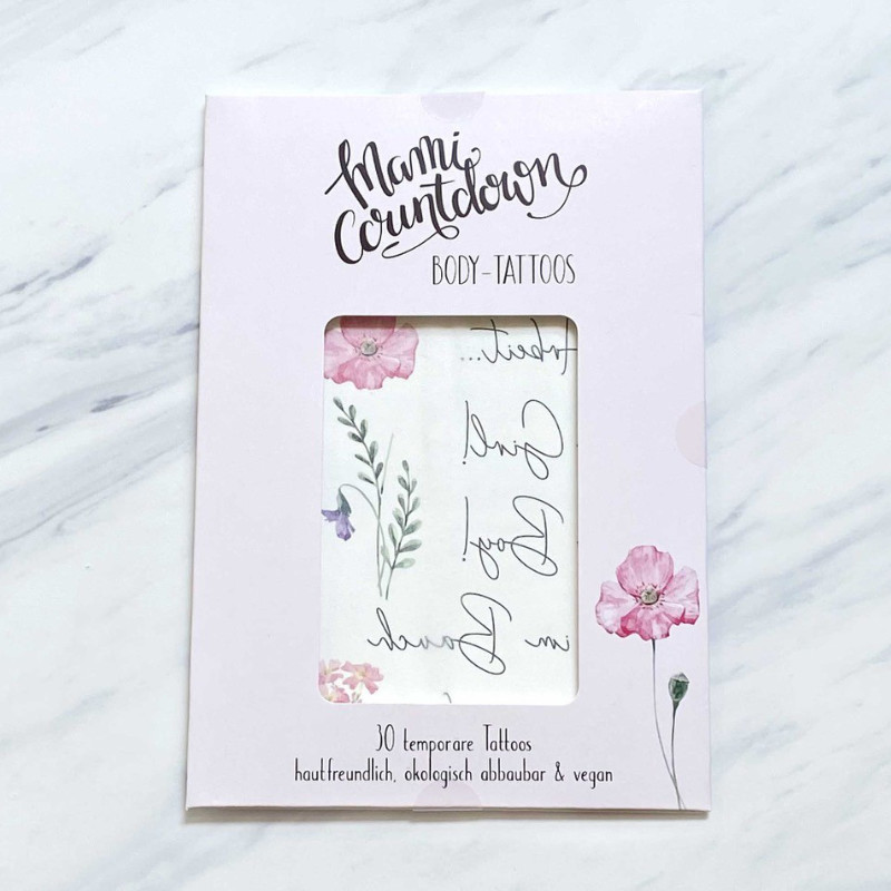 body-tattoos, temporary-tattoos, floral, pink packaging, transparent window