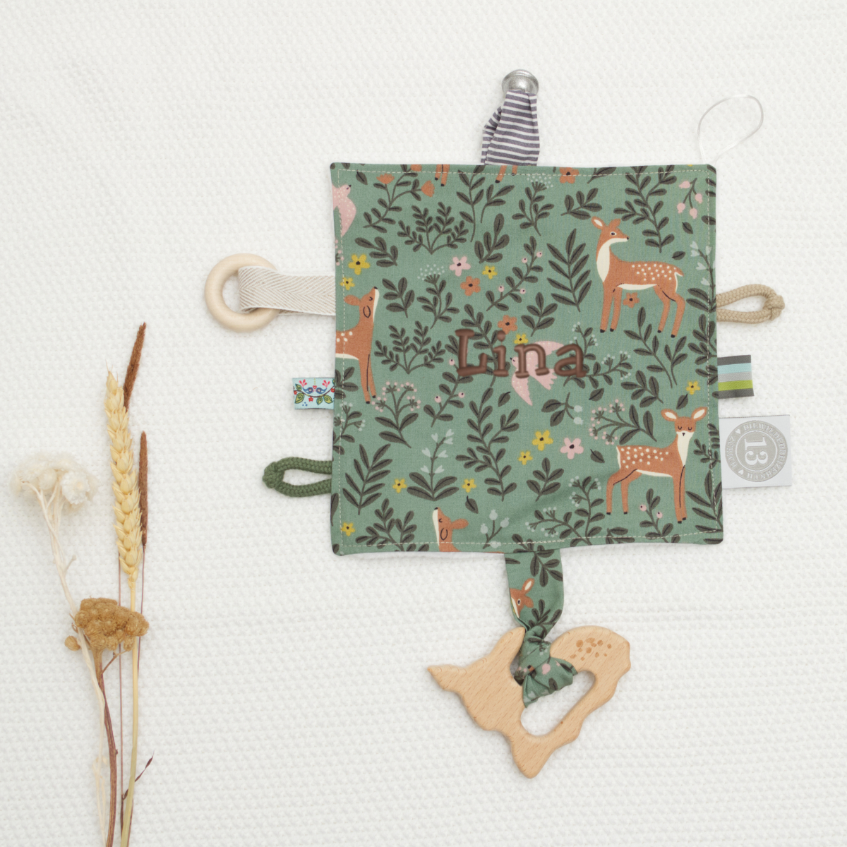 Kinderspielzeug, Greifspielzeug, Stoffbuch, Hirsch Muster, Personalisierte Layer