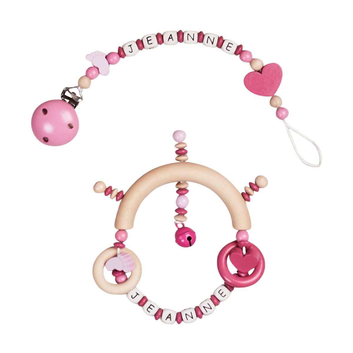 baby mobile, holzperlen, pink, mondbogen, zahnungsscheibe
