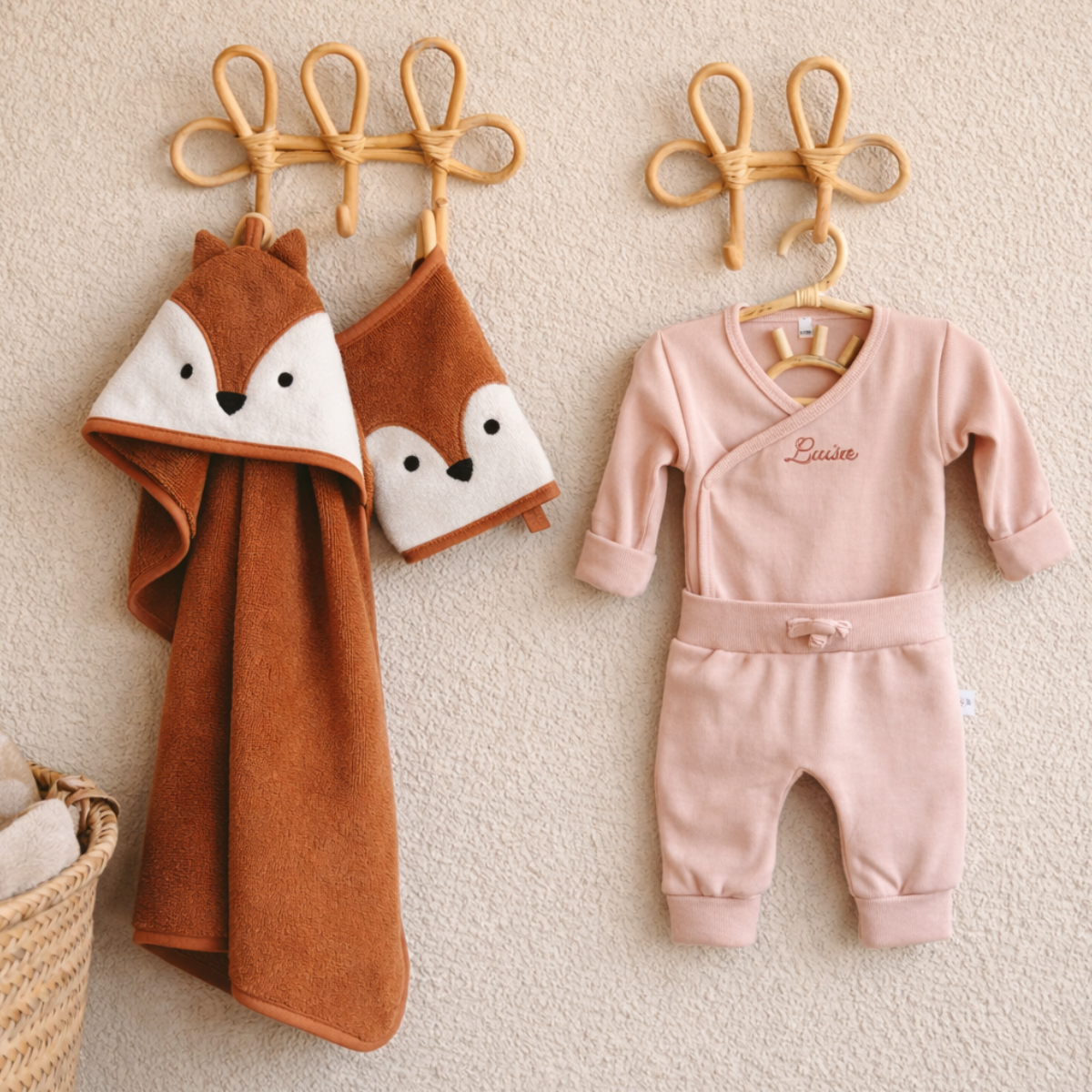 Baby, Baby-Handtuch, Kapuzentuch, Fuchs-Motiv, Rosa-Overall