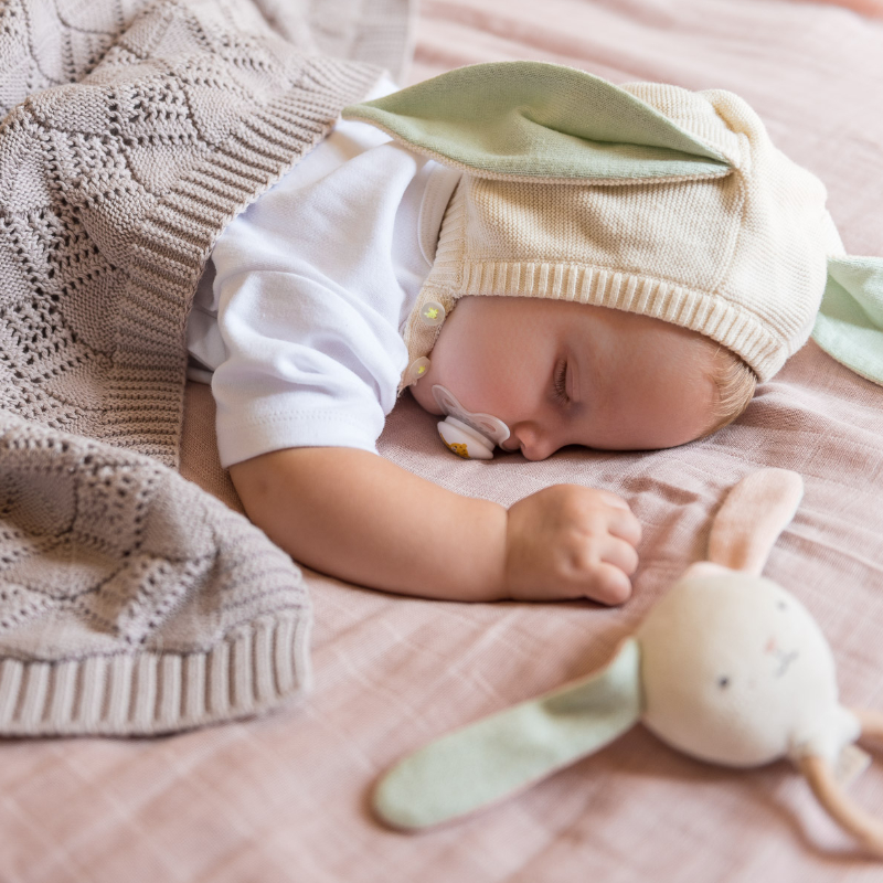 baby, pacifier, sleep, baby hat, rabbit plush
