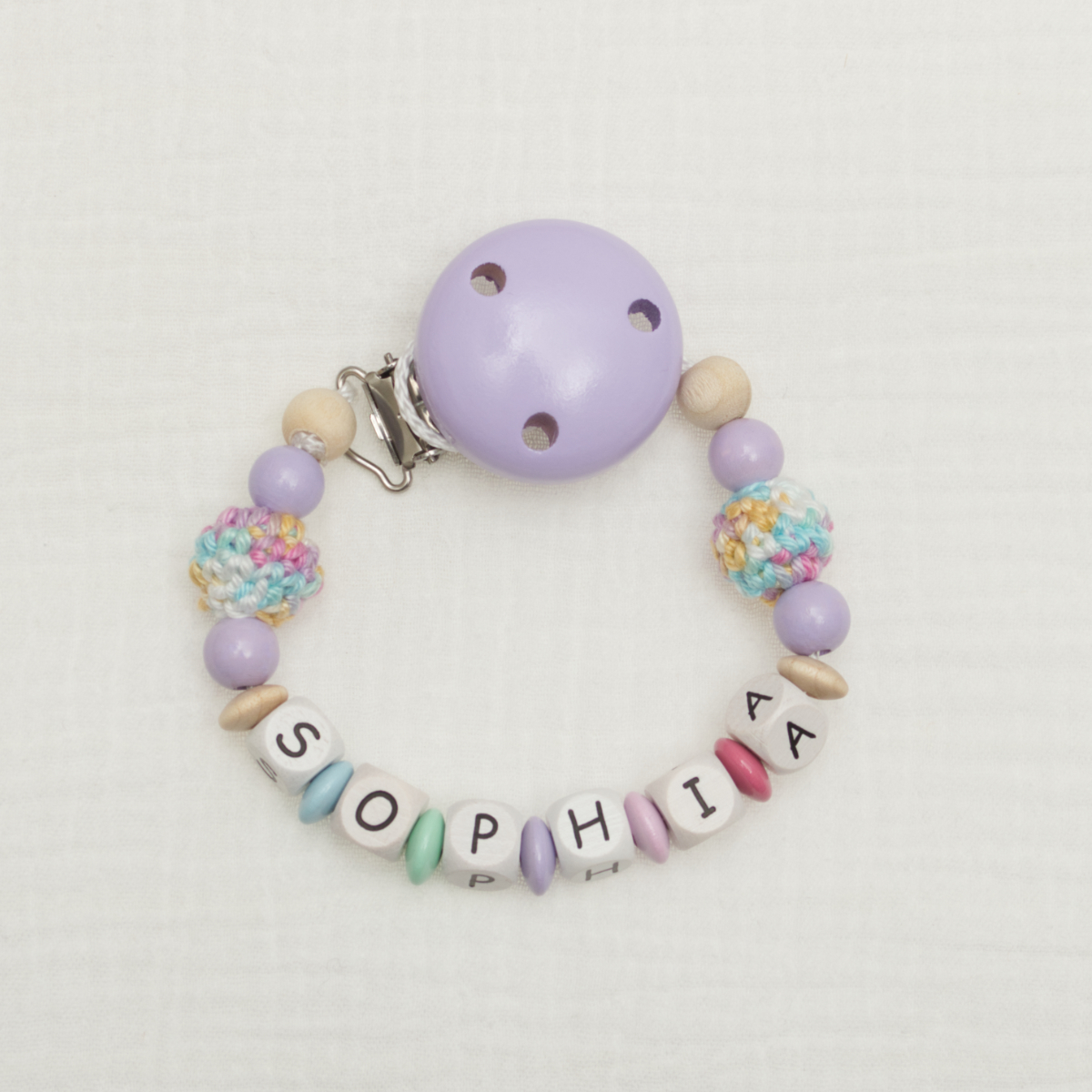 baby-armband, perlenkette, lila, namensarmband,  clips mit perlen