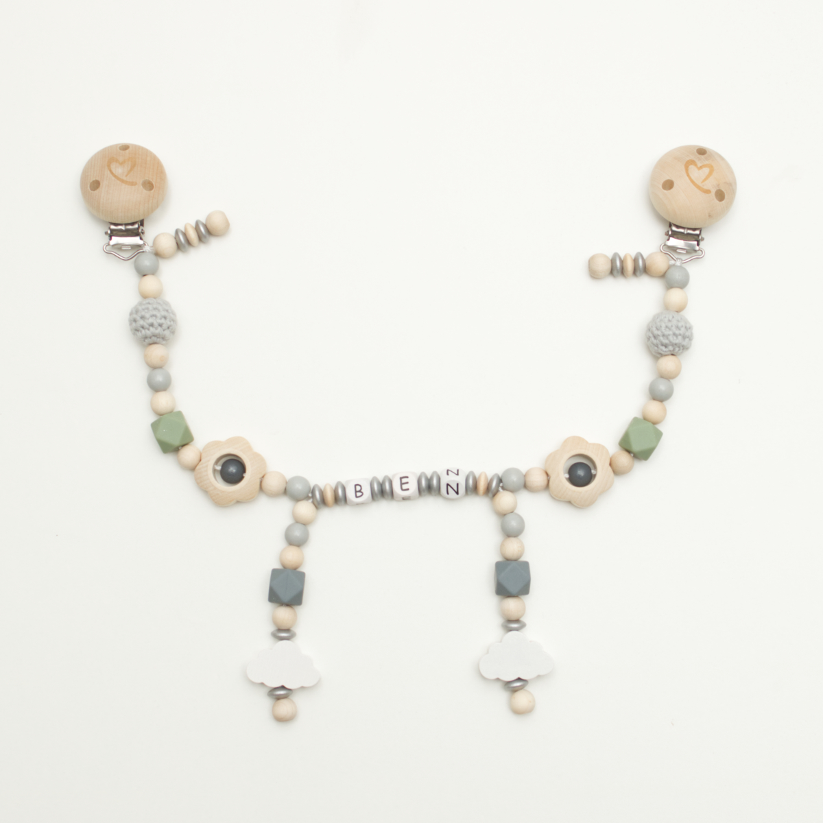Baby-Teething-Set, Perlenkette, Wolkenanhänger, Holzclip, Buchstabenperlen
