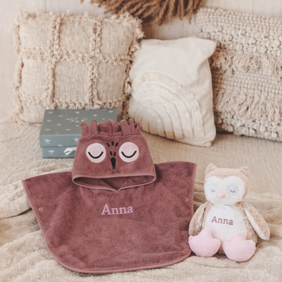 Babydecke, Kapuzentuch, Eulenmuster, Rosa, Personalisierter Name Anna