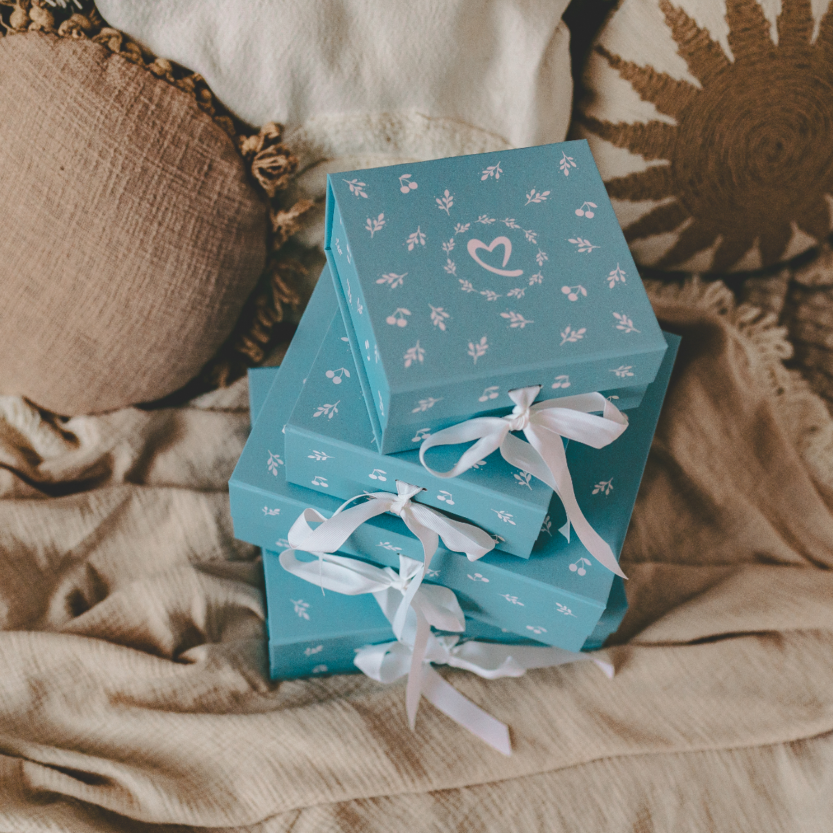 box, gift, türkis, band, muster