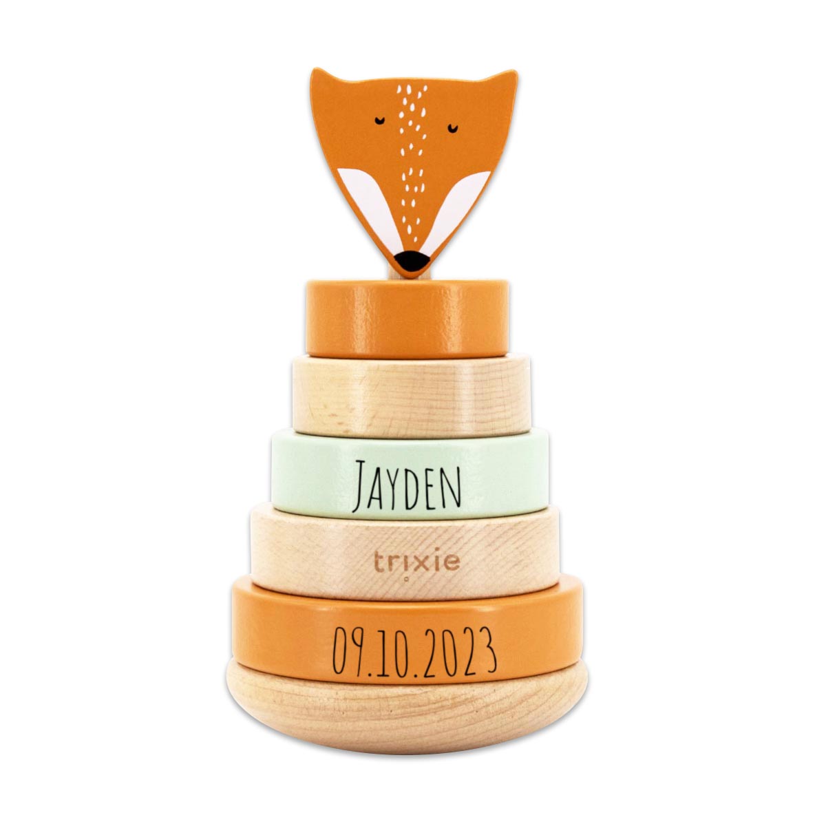 holzspielzeug,  stacking ringe, fuchs form, baby geschenk, personalisierte daten