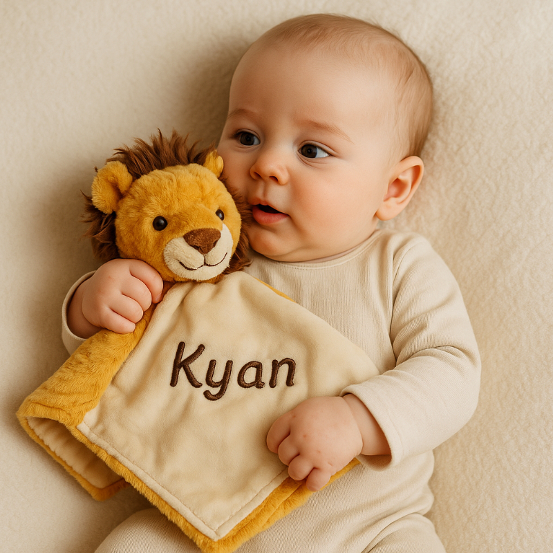 baby, löwen plüschtier, decke, name auf decke, beige creme