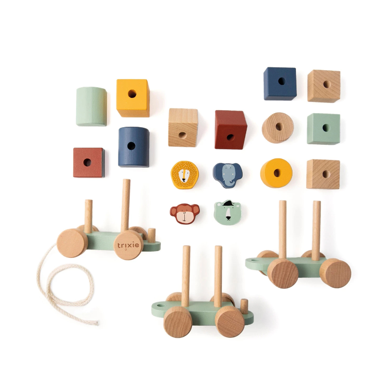 wooden blocks, bunte Würfel, Holzspielzeug, Holzwagen, Tiergesichter