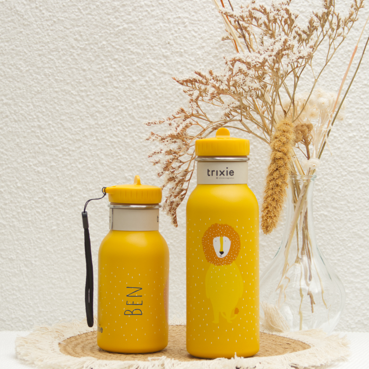 Wasserflasche, gelbe Flasche, wiederverwendbare Flasche, Trinkverschluss, gemustert