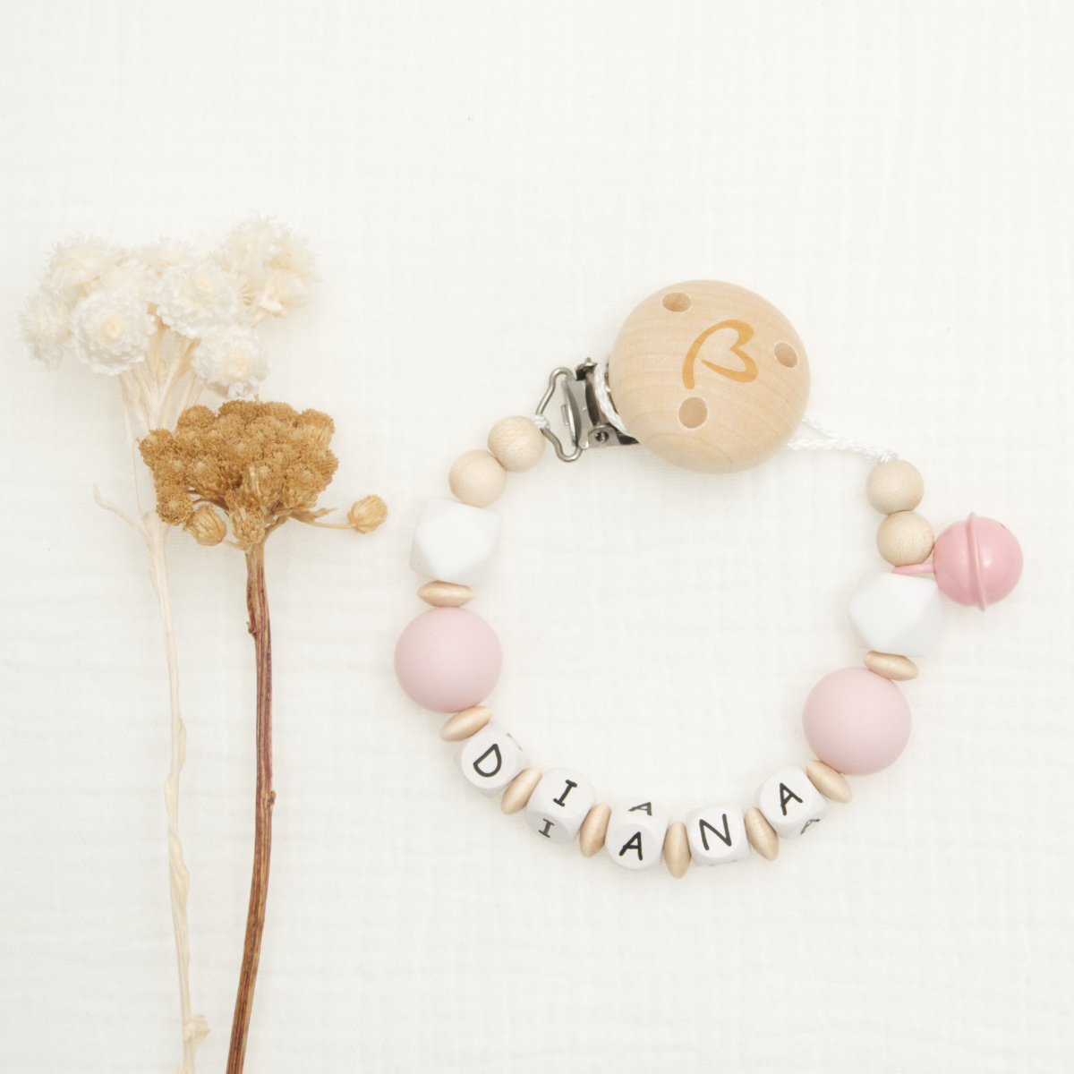 baby, pacifier clip, bead bracelet, wooden clip, diaper accessory