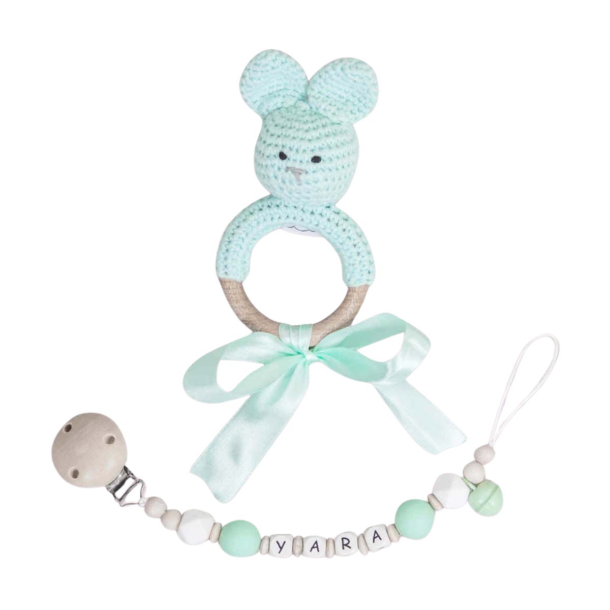 baby rattle, Kuschelhase, mintgrün, Rassel mit Schleife, Perlenkette