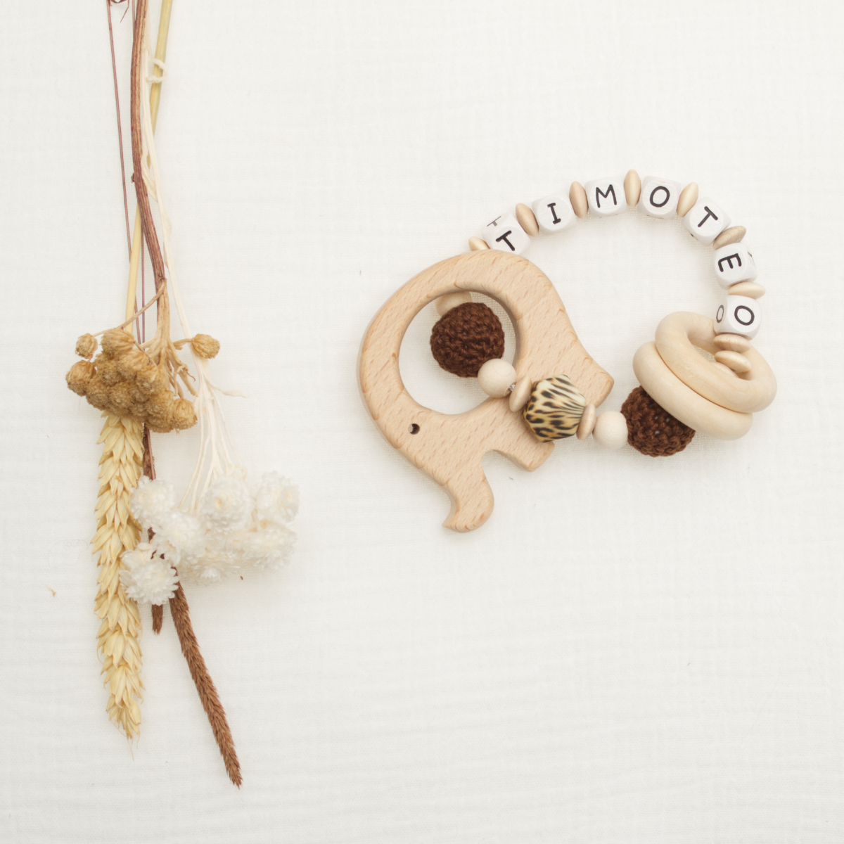 Baby-Teething-Spielzeug, Elefanten-Teether, Holz-Teether, Perlenarmband, neutrales Beige