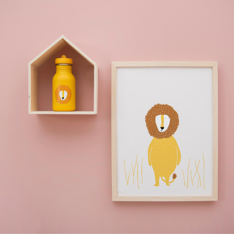 Löwe, Lemur, Flasche, Holzrahmen, Gelb Orange