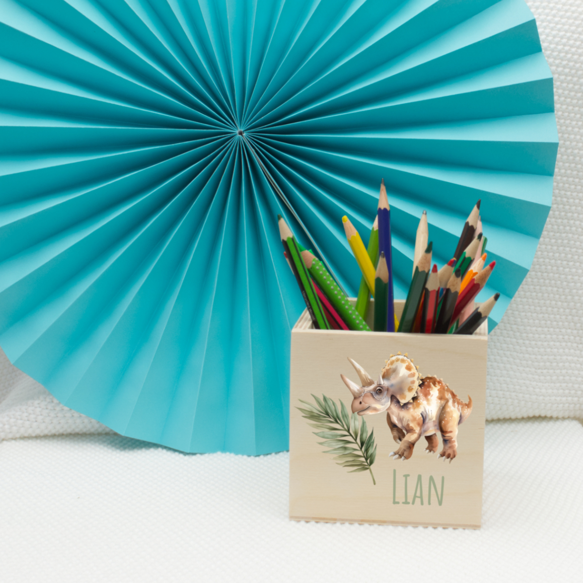 Bunte Buntstifte, Holzstifthalter, Papierschirm, Dinosaurier-Design, Personalisierte Beschriftung