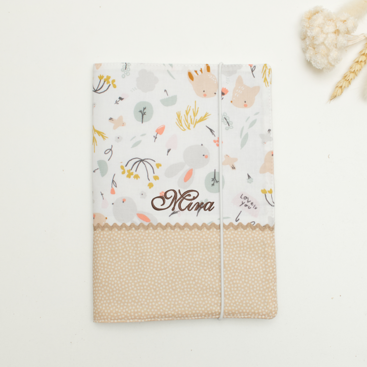 Notizbuch, Blattmuster, Tiermotive, Beige Muster, Gummiband