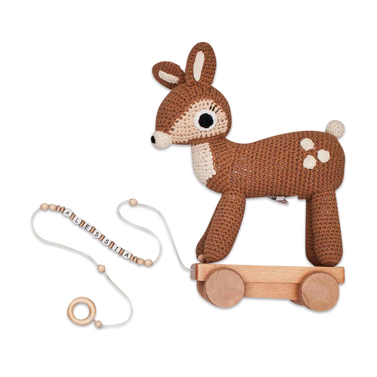 Hase Spielzeug, Stehende Ziehfigur, Holzrad, Kuscheltier, Holzschuhe