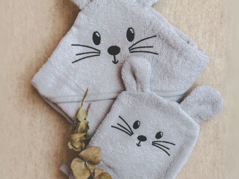 towel set, cat face, gray towel, hand towel, gift set