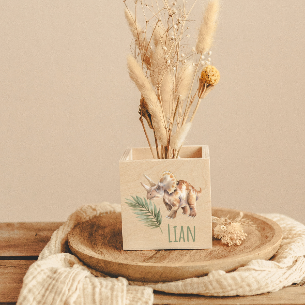 Holzschale, getrocknete Arrangement, getreide Pampas, Dreifach Horniger Widder, personalisierter Name LIAN